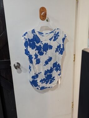 Cynthia Rowley White Tee with Blue Floral Trim
